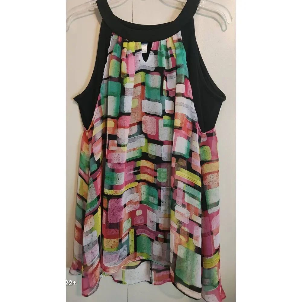F9 Soft Works bright multicolored sheer lined tank blouse black contrast trim